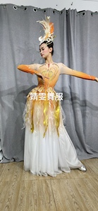 凤凰舞蹈系列服装百鸟朝凤大型舞台歌伴舞服装黄橘过渡色连体款