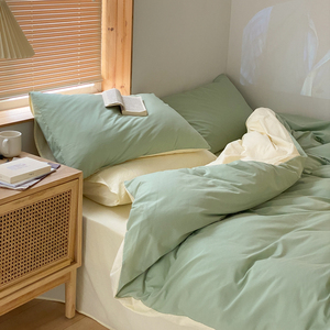 日式简约全棉水洗棉四件套纯色双拼北欧风纯棉被套床单床笠式床品