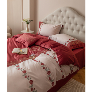 法式刺绣玫瑰100支贡缎长绒棉全棉四件套 轻奢纯棉床上被套床单