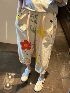 博拉拉韩国东大门女装夏季新款彩绘花朵印花宽松直筒休闲裤九分裤