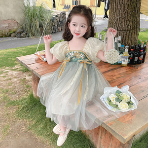 女小童夏季泡泡袖刺绣连衣裙宝宝中国风汉服裙超仙气中长款公主裙