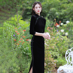 改良旗袍年轻款黑色丝绒气质长款长袖显瘦老上海复古少女中国风春
