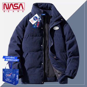 NASA联名灯芯绒深蓝色棉服男外套秋冬款加厚保暖立领面包服棉衣服