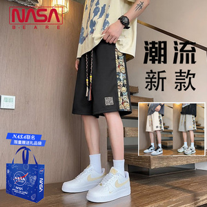 NASA联名新中式黑色短裤男夏季国风小熊刺绣裤子宽松五分裤沙滩裤