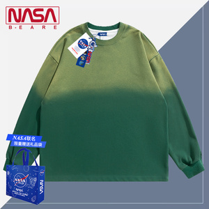 NASA联名渐变美式绿色扎染水洗卫衣男春秋季小众设计感长袖上衣服