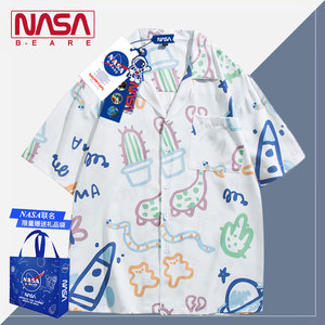 NASA联名涂鸦国潮复古满印短袖衬衫男街头嘻哈宽松休闲夏威夷衬衣