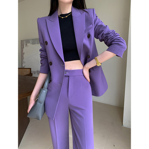 紫色西装套装女2024春秋韩版气质显瘦时尚休闲垂感职业西服两件套