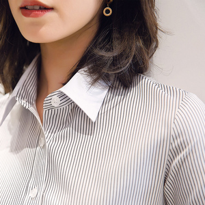 白色领口衬衫气质黑白条纹职业装工作服短袖棉质竖条纹衬衣女工装