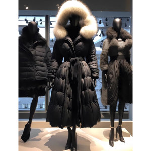 冬季欧货新款小香风黑色女士长款保暖加厚大毛领面包羽绒棉服外套