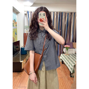 日系格子短袖衬衫女夏季2024设计感小众韩系翻领衬衣甜美别致上衣