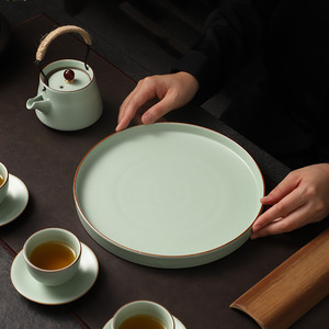 汝窑茶盘可开片陶瓷干泡盘家用办公圆形托盘中式复古轻奢小型壶承