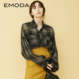 EMODA2019年春夏新款宽松上衣长袖格子女式衬衫0419