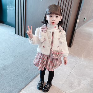 秋冬新款女童加绒小香风套装2022韩版女小童毛毛衣+格子裙两件套8