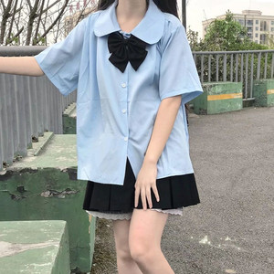韩系蓝色娃娃领衬衫短袖学院风搭配百褶裙的上衣jk制服套装夏季