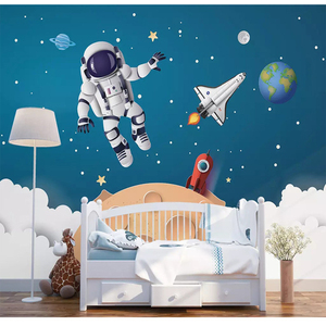 3d儿童房宇宙太空星空壁纸男孩卧室环保背景墙纸卡通动漫火箭墙布