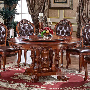 欧式餐桌实木圆桌椅组合6/8/10人美式大理石圆形吃饭桌家用带转盘