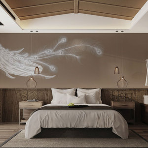 新中式立体刺绣墙布酒店民宿硬包墙板卧室客厅背景墙孔雀翎羽壁画