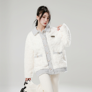 SRUINAW蓝色拼接兔毛小香风羊羔毛外套ins高级感保暖冬季夹克棉服