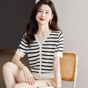 黑白条纹天丝针织开衫女薄款2023新款夏季韩版短袖披肩小外搭透气