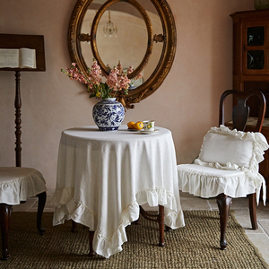 法式桌布纯亚麻布艺高级感美式复古圆桌茶几台布白色荷叶边ins风