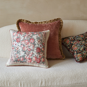 偏爱集复古美式抱枕轻奢印花流苏粉色方形午睡客厅沙发靠垫套欧式