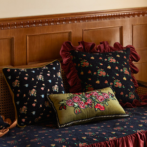 偏爱集美式复古抱枕荷叶边客厅沙发法式玫瑰绣花绿色腰枕靠垫组合