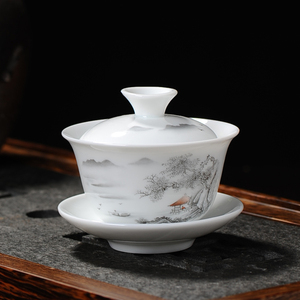 三才盖碗潮州单个泡茶功夫茶具德化白瓷中小号试茶敬茶碗青花瓷器