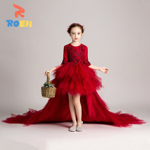 ROEH新年礼服女童红色公主裙拖尾模特小花童婚纱主持人钢琴演出服