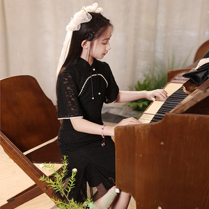 黑色女童晚礼服旗袍夏季儿童主持人钢琴演奏走秀演出服鱼尾连衣裙