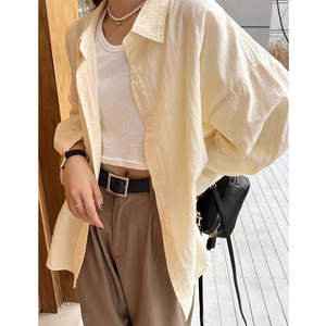 韩系早春季Polo领长袖棉麻衬衫女亚麻宽松中长款衬衣开衫外套上衣