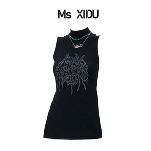 Ms XIDU街头欧美高领暗黑系抽象图案收腰开衩显瘦背心上衣连衣裙