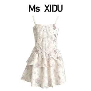 Ms XIDU纯欲风吊带抹胸碎花连衣裙女夏气质蓬蓬裙收腰小个子短裙
