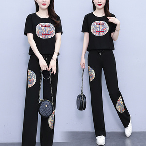 新中式时尚休闲套装女夏装2024国潮风刺绣显瘦短袖运动长裤两件套