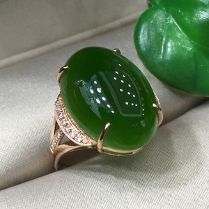 新疆天然和田玉碧玉色戒指3D硬金镶嵌菠菜绿玉石指环女正品板指