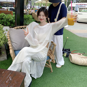 米白色时尚镂空长袖罩衫连衣裙女2024春季新款流行叠穿网格针织裙