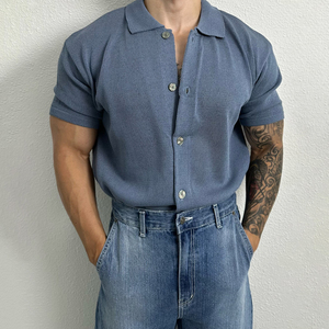 蓝色翻领T恤男商务休闲弹力修身短袖POLO衫精致韩风针织薄款上衣
