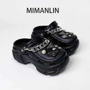 MIMANLIN增高厚底拖鞋洞洞鞋女夏防滑时尚朋克风水钻链条沙滩凉鞋