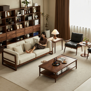 现代简约北美黑胡桃木布艺实木沙发北欧小户型客厅新中式中古沙发