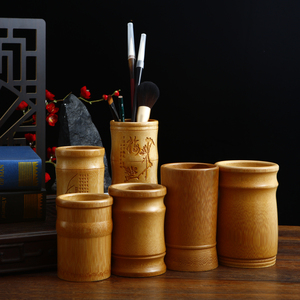 天然竹木笔筒圆形复古中国风高级感木制办公室多功能高档桌面摆件