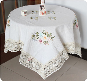 纯棉刺绣花台布白色全棉餐桌布布艺外贸圆正长方形高级感茶几盖巾