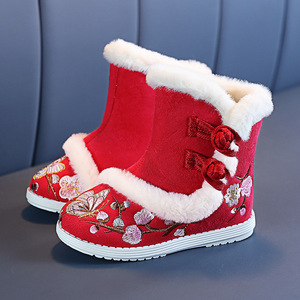 冬季新款棉鞋现货防滑高帮短靴儿童汉服鞋女童民族风童鞋绣花