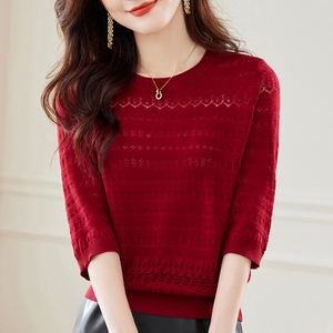 秋季女士镂空针织衫薄2023新款气质红色上衣套头宽松中袖打底毛衣