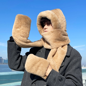 帽子男冬天加厚保暖帽子围巾一体冬季围脖毛绒手套连帽保暖三件套