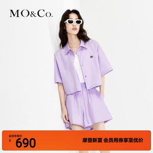 MOCO金属LOGO纯棉短袖截短衬衫衬衣外套极简风粉紫色黑色