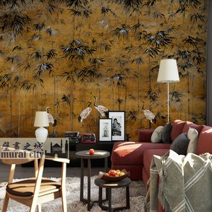 竹林仙鹤墙布复古风油画竹子壁纸中式简约意境墙纸欧式壁画背景墙