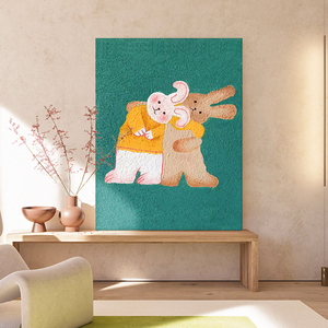 网红可爱歪脖子兔子客厅玄关装饰画石英砂肌理手绘油画儿童房挂画