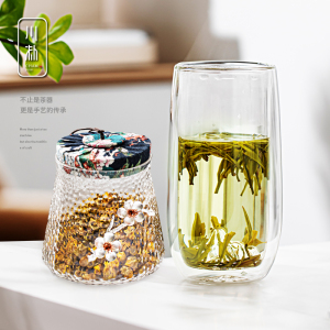 家用办公双层玻璃水杯加厚创意简约绿茶杯茶楼专用套装月牙杯隔热