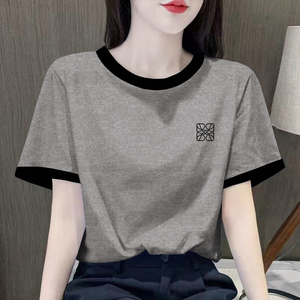 韩国撞色减龄欧货纯棉短袖t恤女2024夏季新款灰色正肩宽松上衣