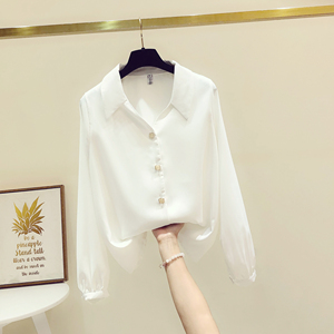 韩国法式V领显瘦长袖衬衫女秋季2024新款气质OL职业白色雪纺上衣