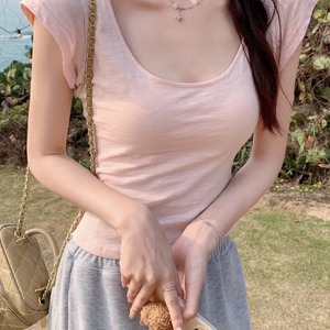 韩国竹节棉简约短袖t恤夏2024韩版女装纯色修身正肩短款圆领上衣